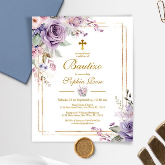 Papier Invitation de baptême de roses violettes pour budg