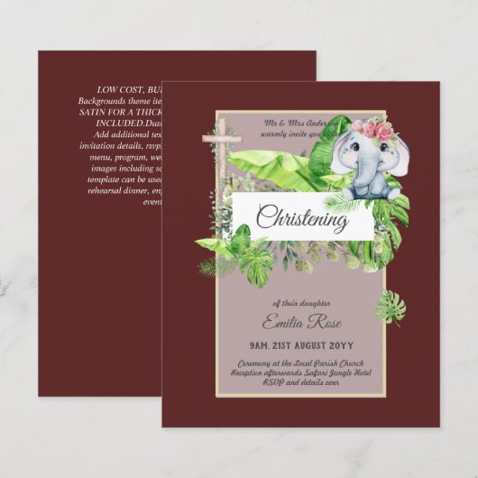 Papier Invitation de baptême d'éléphant bébé pour filles (Devant / Derrière)