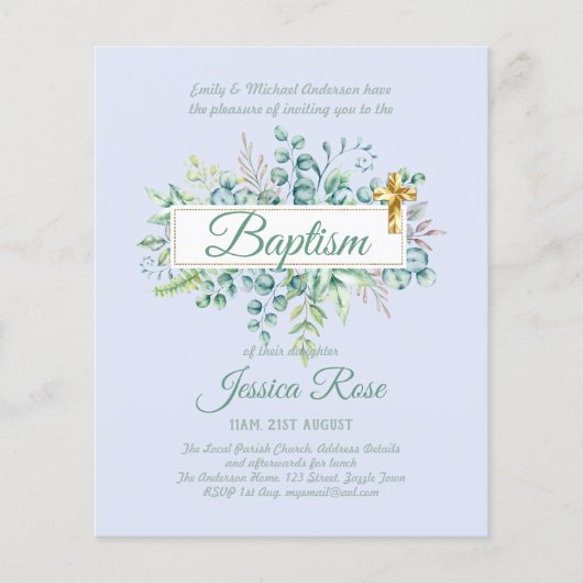 Papier Invitation de baptême Eucalyptus Verdure BUDGET (Devant)
