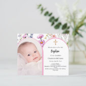 Papier Invitation de baptême fille à fleurs en arche rose (Debout devant)