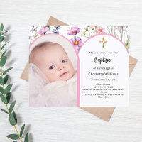 Invitation de baptême fille à fleurs en arche rose