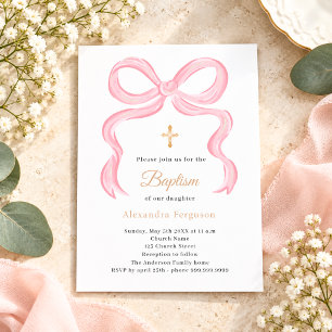 Papier Invitation de baptême fille à ruban rose