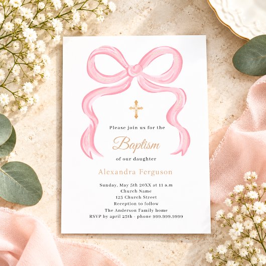 Papier Invitation de baptême fille à ruban rose