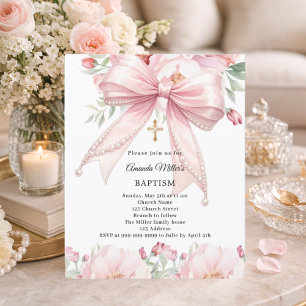 Papier Invitation de baptême fille à ruban rose et perles