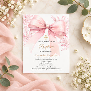 Papier Invitation de baptême fille aux florales à ruban r