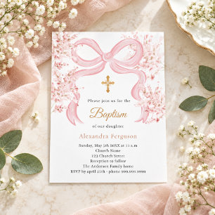 Papier Invitation de baptême fille aux florales à ruban r