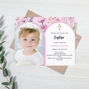 Papier Invitation de baptême fille fleurs arche photo ros