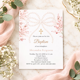 Papier Invitation de baptême fille fleurs ruban rose perl