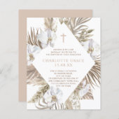 Papier Invitation de baptême fille florale Boho Palm rose (Devant / Derrière)