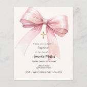 Papier Invitation de baptême fille ruban rose crème (Devant)