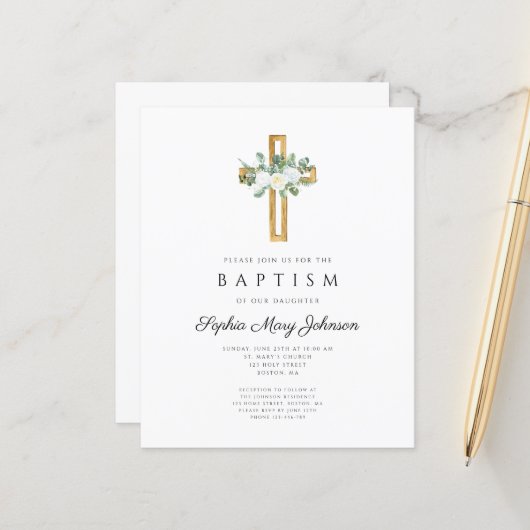 Papier Invitation de baptême florale blanche à croix reli (Devant/Arrière en situation)