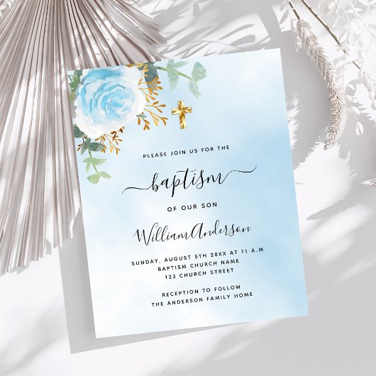 Papier Invitation de baptême garçon fleurs d'eucalyptus c