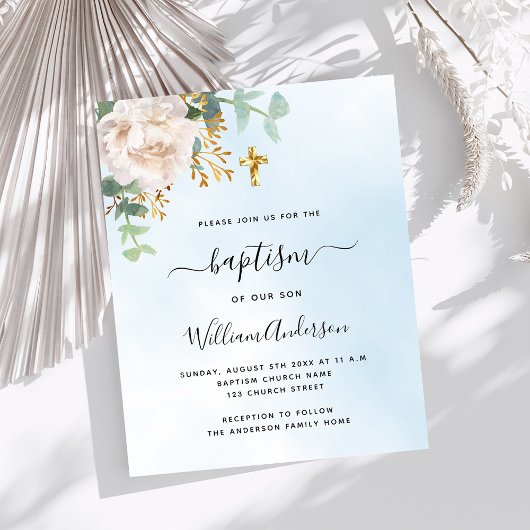 Papier Invitation de baptême garçon florale d'eucalyptus 