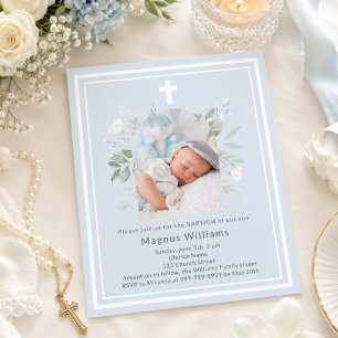 Papier Invitation de baptême garçon florales photo bleu c