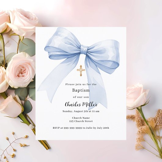 Papier Invitation de baptême garçon ruban bleu