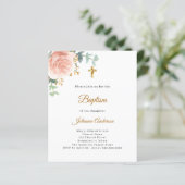 Papier Invitation de baptême rose florale croix dorée (Debout devant)