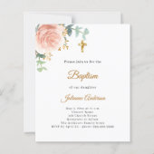Papier Invitation de baptême rose florale croix dorée (Devant)