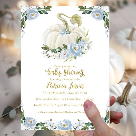 Papier Invitation de bébé à thème citrouille florale bleu