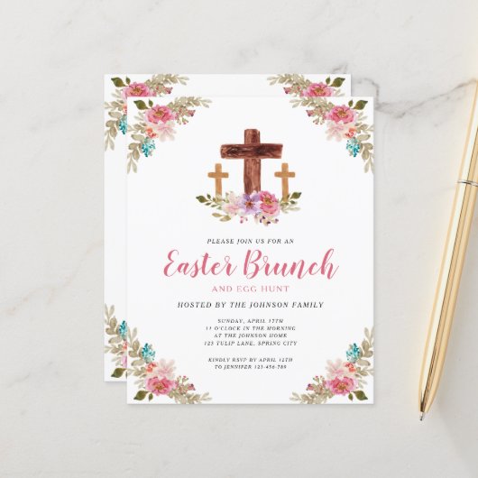 Papier Invitation de brunch de Pâques à la croix religieu (Devant/Arrière en situation)