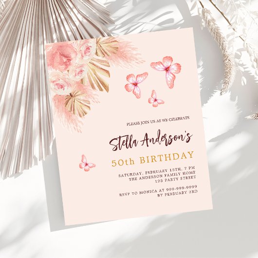 Papier Invitation de budget d'anniversaire de rose de pam