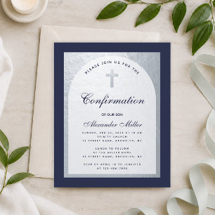 Papier Invitation de confirmation bleu marine argenté bud