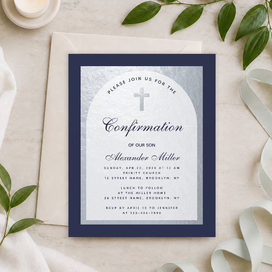 Papier Invitation de confirmation bleu marine argenté bud