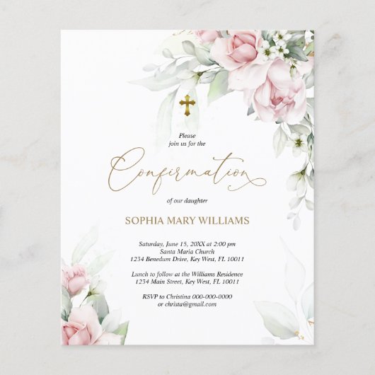 Papier Invitation de confirmation Budget Blush & Eucalypt (Devant)