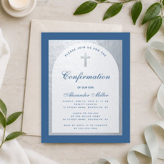 Papier Invitation de confirmation Classique Bleu Argent B