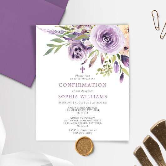 Papier Invitation de confirmation de Rose de violet budgé