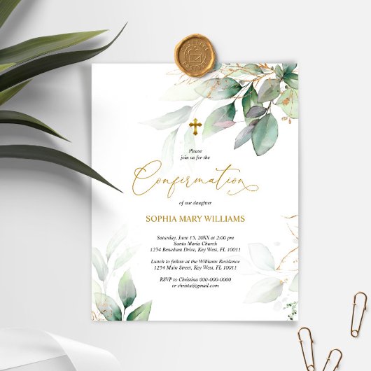 Papier Invitation de confirmation Eucalyptus et Or Budget