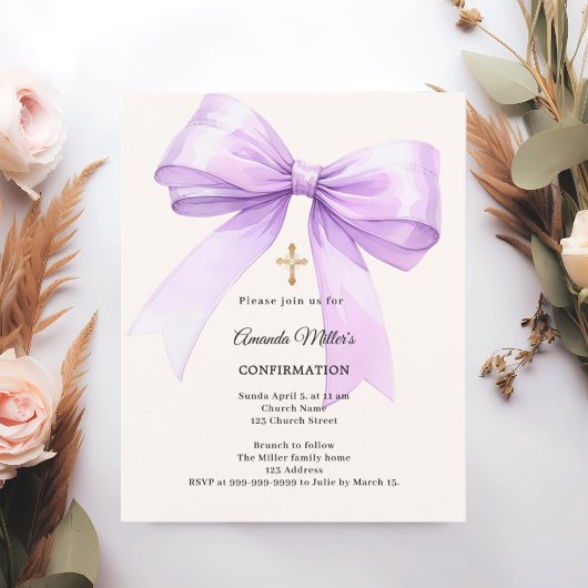 Papier Invitation de confirmation fille crème à ruban lav