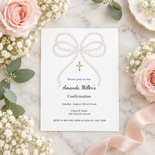 Papier Invitation de confirmation fille perles arc rose