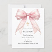 Papier Invitation de confirmation fille perles noeud rose (Devant)