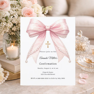 Papier Invitation de confirmation fille perles noeud rose