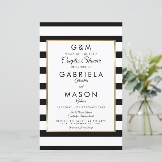 Papier Invitation de douche de couple à rayures Monogramm (Debout devant)