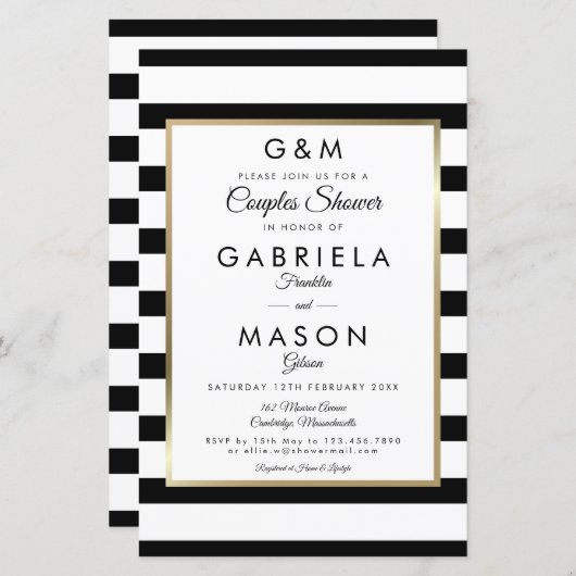 Papier Invitation de douche de couple à rayures Monogramm (Devant / Derrière)