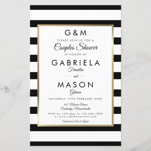 Papier Invitation de douche de couple à rayures Monogramm (Devant)