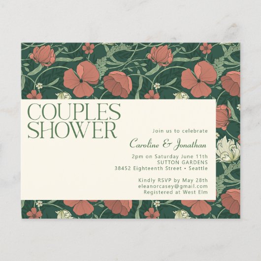 Papier Invitation de douche de couple florale verte rusti (Devant)