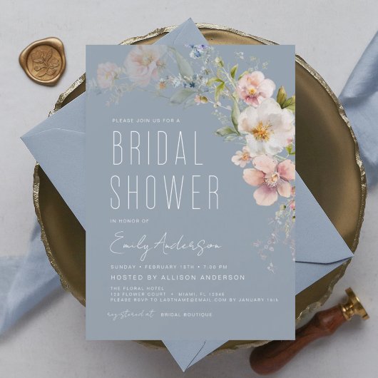 Papier Invitation de douche de mariage Fleur sauvage Bleu