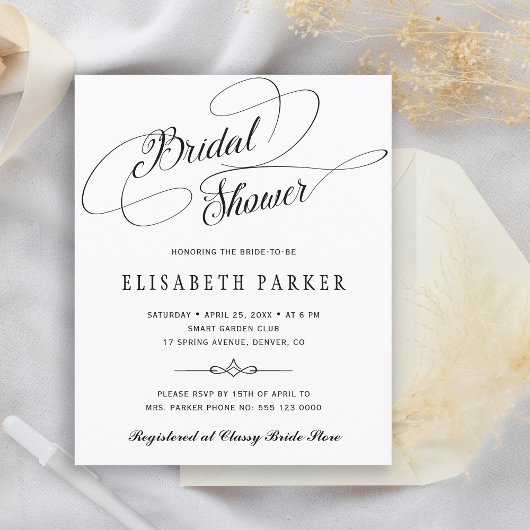 Papier Invitation de douche de mariée à budget noir et bl