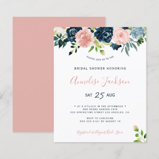 Papier Invitation de douche de mariée à l'aquarelle flora (Devant / Derrière)
