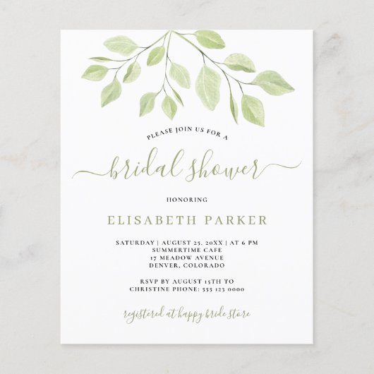 Papier Invitation de douche de mariée avec feuillage verd (Devant)