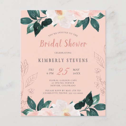 Papier Invitation de douche de mariée florale rose poussi (Devant)