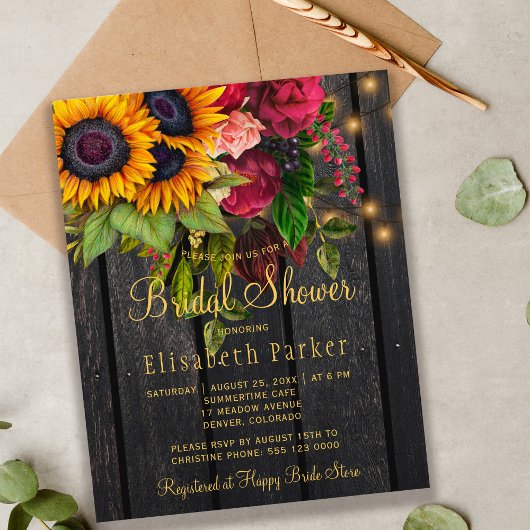 Papier Invitation de douche de mariée rustique tournesols