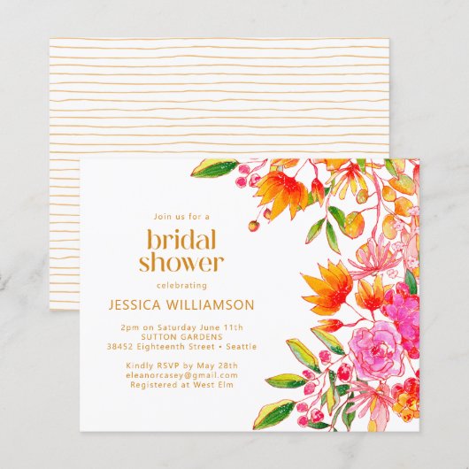 Papier Invitation de douche florale aquarelle rose orange (Devant / Derrière)