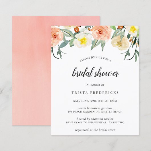 Papier Invitation de douche nuptiale à budget floral (Devant / Derrière)