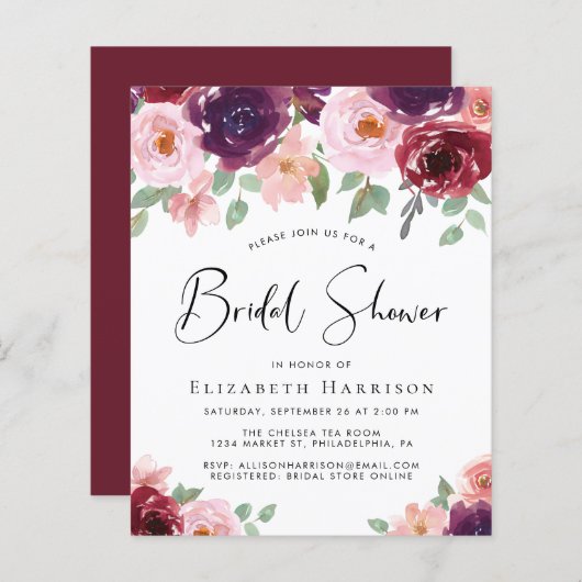 Papier Invitation de douche nuptiale Floral Budget (Devant / Derrière)