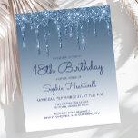 Papier Invitation de fête d'anniversaire 18 ans Budget Gl<br><div class="desc">Cette invitation de fête d'anniversaire 18 ans tendance présente une bordure de fausse goutte de paillettes bleues scintillantes et un fond ombré bleu. Les mots "18e anniversaire" et le nom de l'invité d'honneur apparaissent dans une écriture manuscrite bleue décontractée, le reste du texte personnalisable étant en police sans serif bleue....</div>