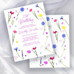 Papier Invitation de fête d'anniversaire 21 ans BUDGET Wi<br><div class="desc">Des fleurs sauvages printanières colorées entourent les détails de votre fête d'anniversaire. Moderne,  tendance et féminin.</div>