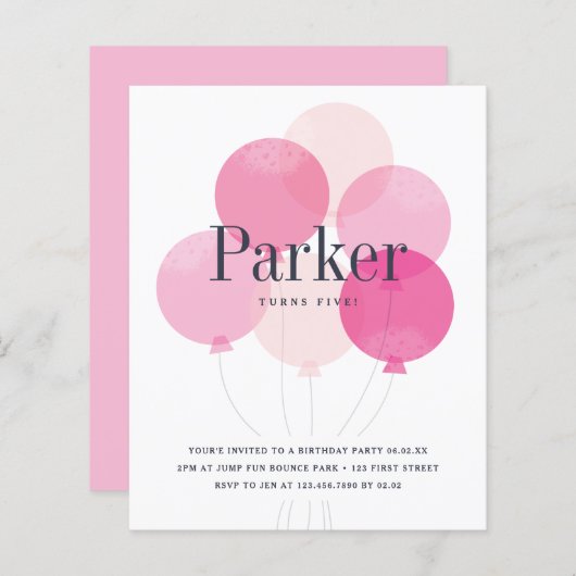 Papier Invitation de fête d'anniversaire rose ballon budg (Devant / Derrière)